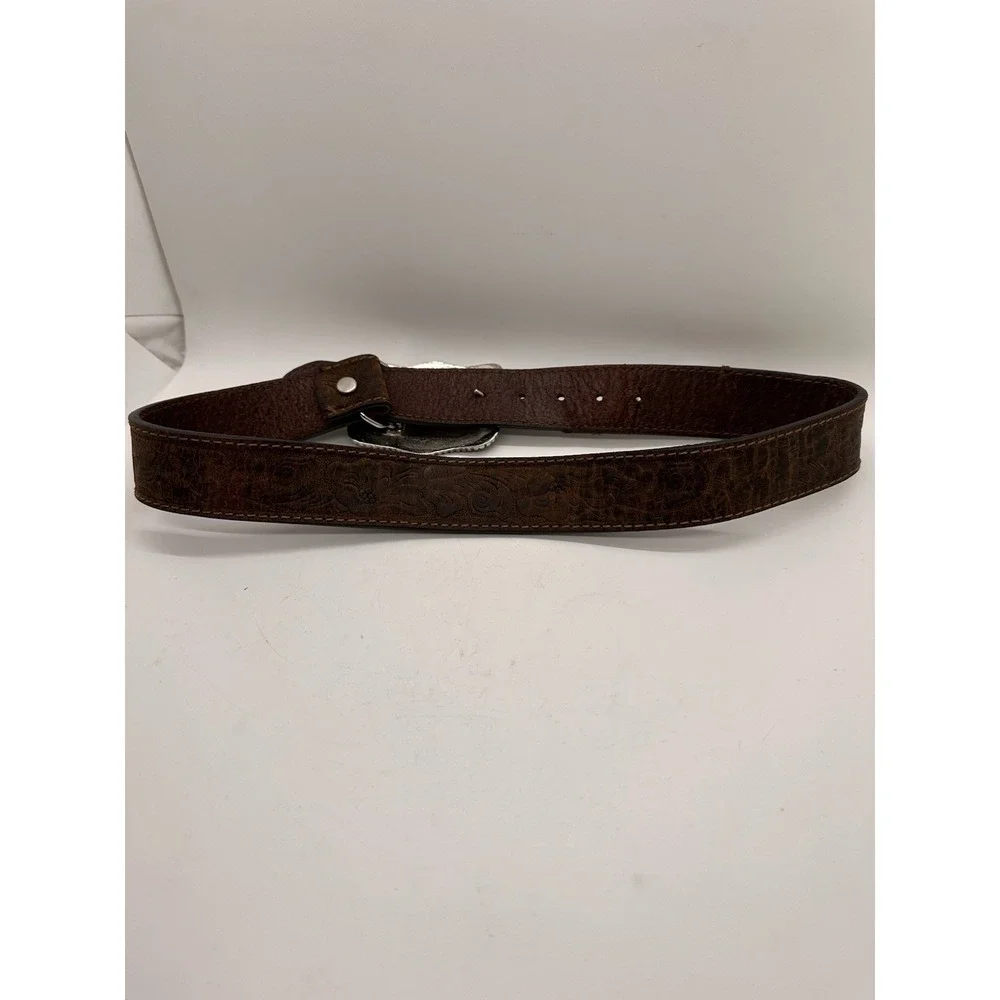 Kids Western Tooled Brown Leather Belt Bull‎ Rider Silver Gold Buckle Cowboy 29